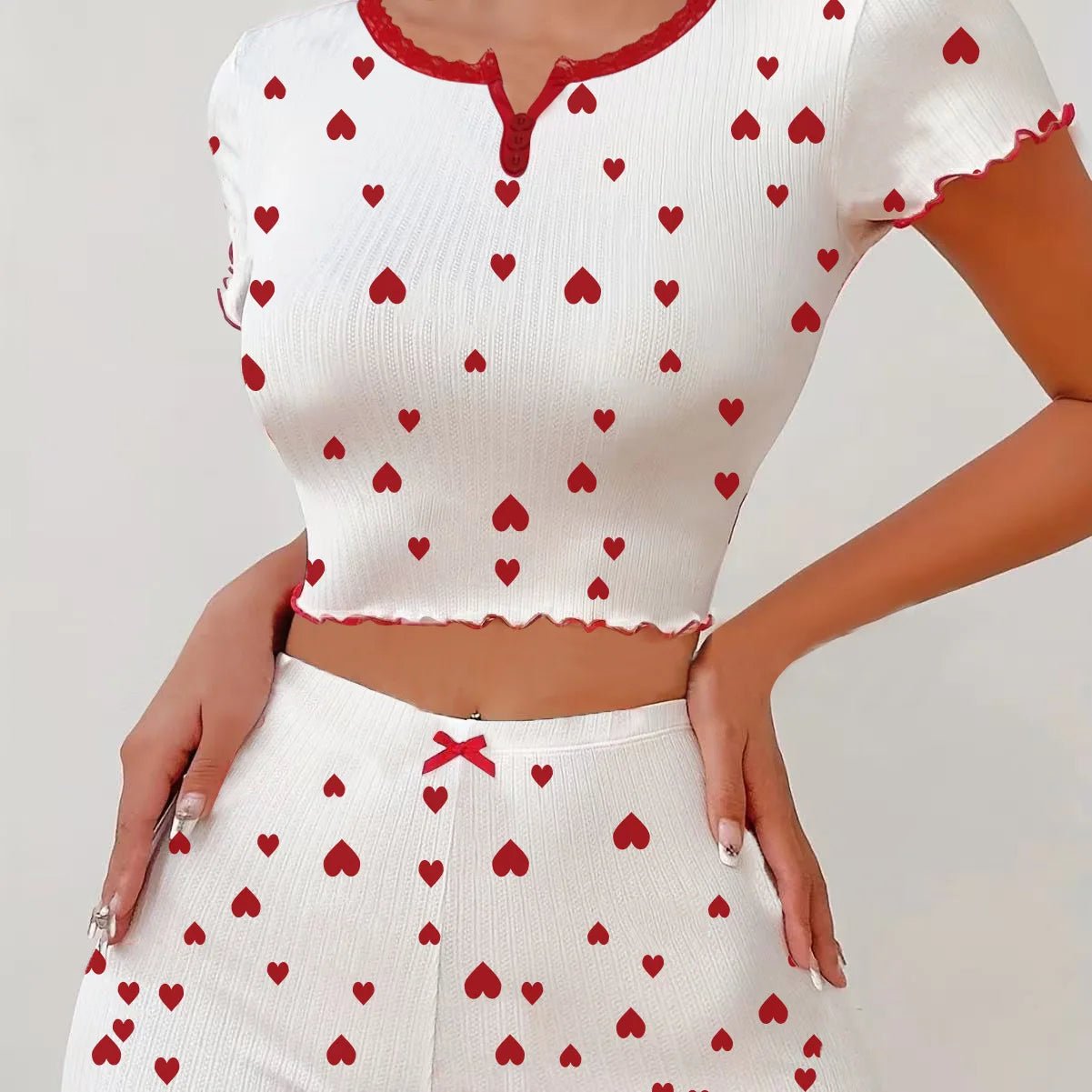 European American Jacquard Ribbed Shorts Women's Short - Sleeved Pajama Set Heart Pattern Can Be Worn Loungewear - Zeprah