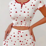 European American Jacquard Ribbed Shorts Women's Short - Sleeved Pajama Set Heart Pattern Can Be Worn Loungewear - Zeprah