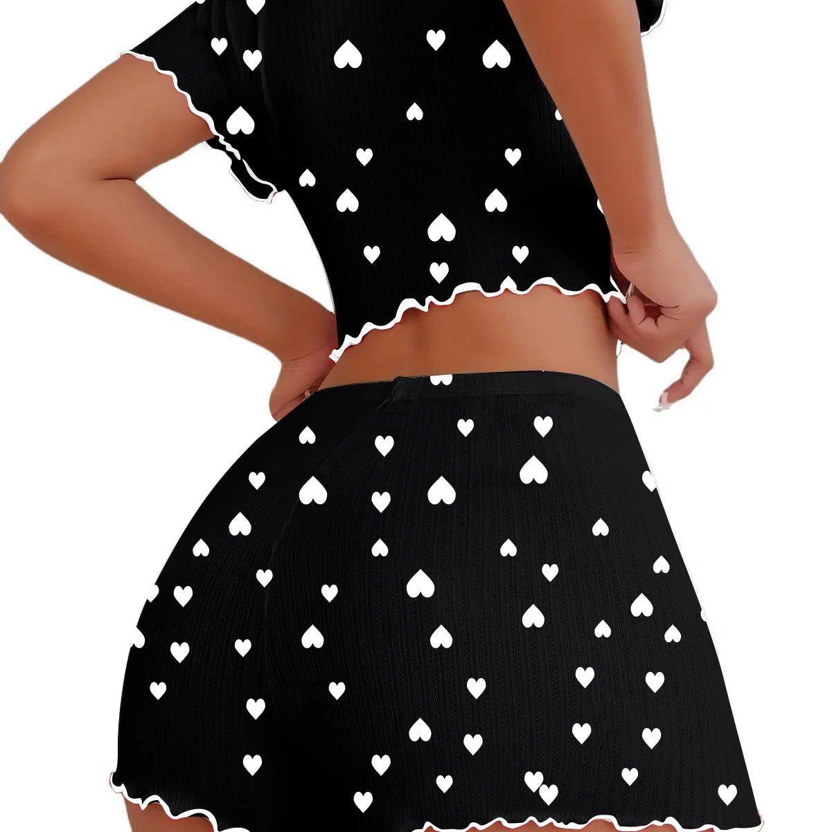 European American Jacquard Ribbed Shorts Women's Short - Sleeved Pajama Set Heart Pattern Can Be Worn Loungewear - Zeprah