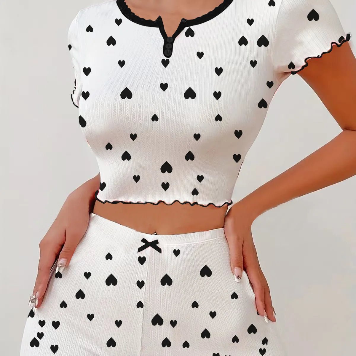 European American Jacquard Ribbed Shorts Women's Short - Sleeved Pajama Set Heart Pattern Can Be Worn Loungewear - Zeprah