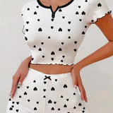 European American Jacquard Ribbed Shorts Women's Short - Sleeved Pajama Set Heart Pattern Can Be Worn Loungewear - Zeprah