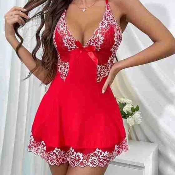 European American New Sexy Lingerie Lace Strap Nightdress Mesh Nightwear Set Women Polyester - Zeprah