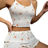European American New Style Elastic Waist Summer Camisole Shorts Set Sexy Floral Printed Breathable Low - rise Women's Home - Zeprah