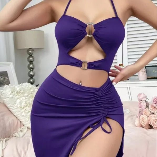 European American New Style Halter Neck Sexy Tight Bodycon Dress Side Drawstring Long Dress Set Women's Sexy Lingerie - Zeprah