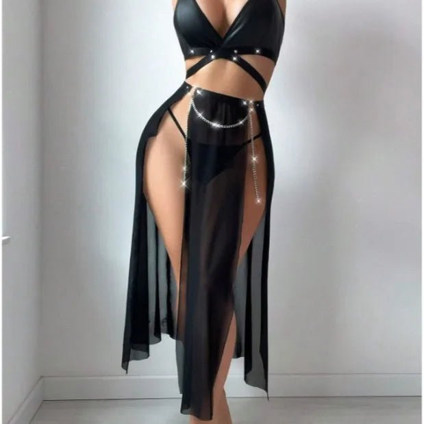European American New Style Sexy Lingerie Hollow Firm Leather Mesh Split Underwear Long Skirt - Zeprah