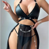 European American New Style Sexy Lingerie Hollow Firm Leather Mesh Split Underwear Long Skirt - Zeprah