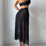 European American New Style Sexy Lingerie Hollow Firm Leather Mesh Split Underwear Long Skirt - Zeprah