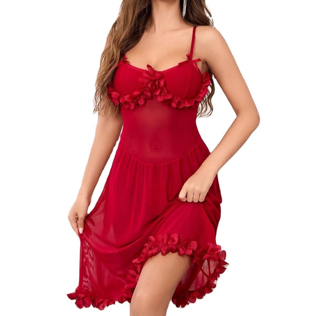 European American New Style Sexy Lingerie Lace Mesh Semi - Transparent Nightdress Home Wear Set - Zeprah