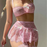 European American New Style Sexy Lingerie Lace See - through Patchwork Thin Three - point Bra Mesh Garter Belt Set - Zeprah
