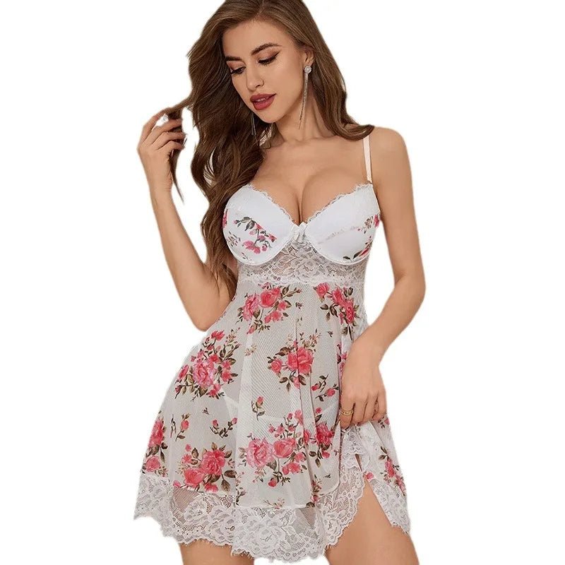 European American New Style Sexy Underwear Women's Lace Floral Mesh Printed Nightgown Pajamas - Zeprah