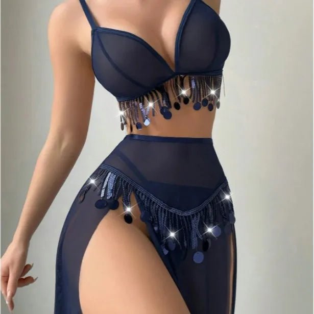 European American New Style Sexy Women Latin Dance 3D Embroidery Breathable 2 Piece Chiffon Lingerie - Zeprah