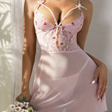 European American New Style Sexy Women's Satin Lace Mesh 3D Embroidery Breathable Pajamas Home Wear - Zeprah