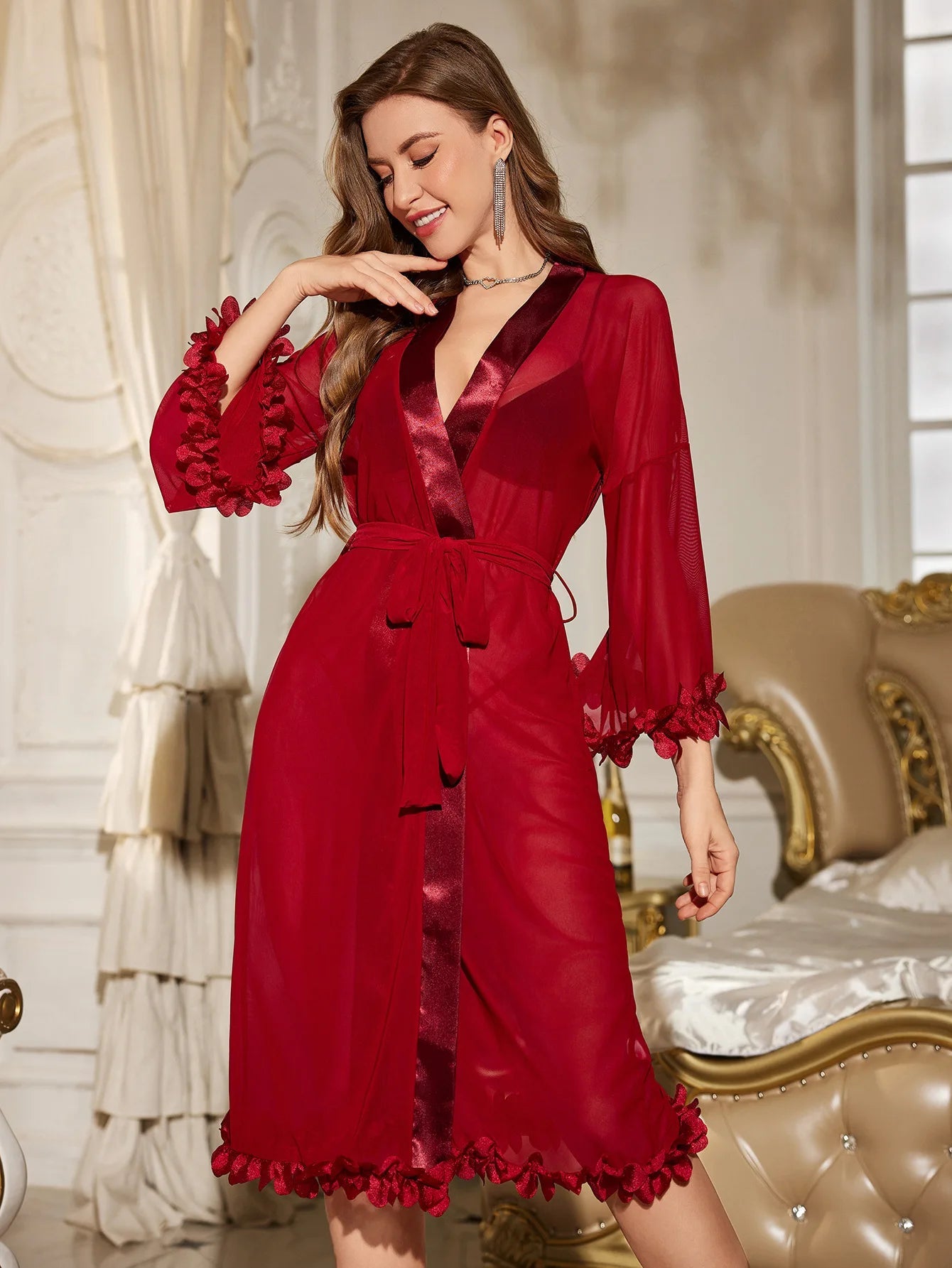 European American New Style Sexy Women's Solid Mesh See - Through Lace Knee - Length Breathable V - neck Women's Pajamas - Zeprah