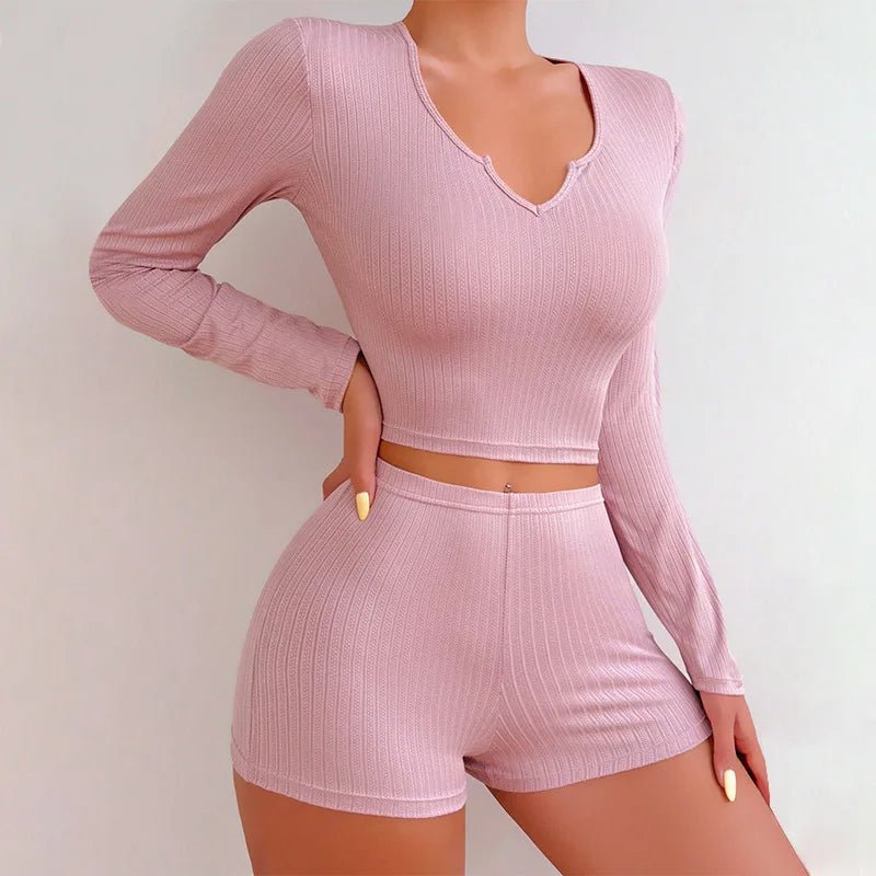 European American New Women's Homewear Solid Color V - Neck Long Sleeve Top Sexy Summer Polyester Shorts Two - Piece - Zeprah