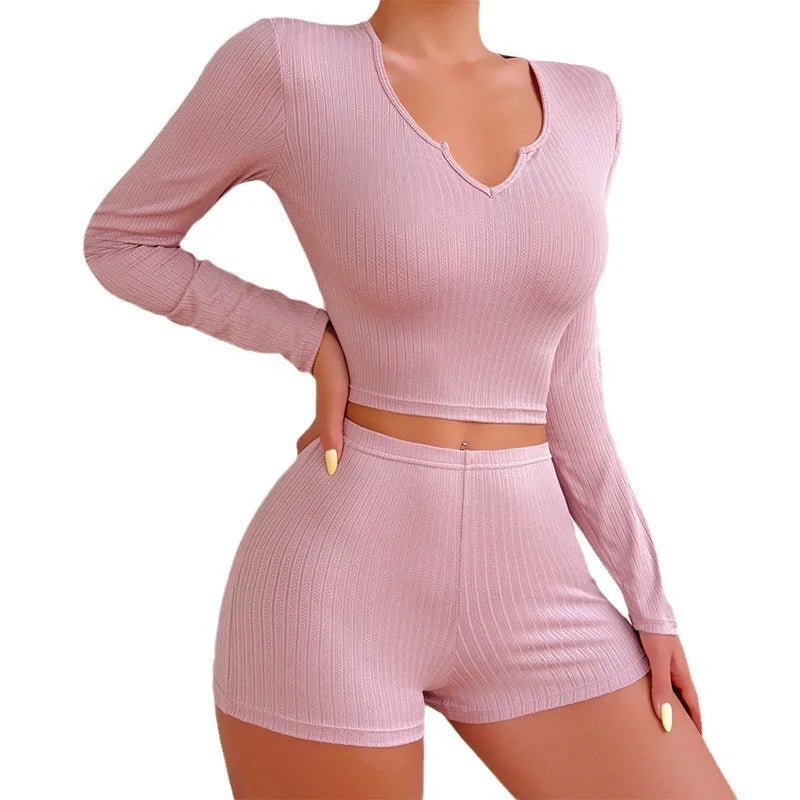 European American New Women's Homewear Solid Color V - Neck Long Sleeve Top Sexy Summer Polyester Shorts Two - Piece - Zeprah