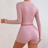 European American New Women's Homewear Solid Color V - Neck Long Sleeve Top Sexy Summer Polyester Shorts Two - Piece - Zeprah