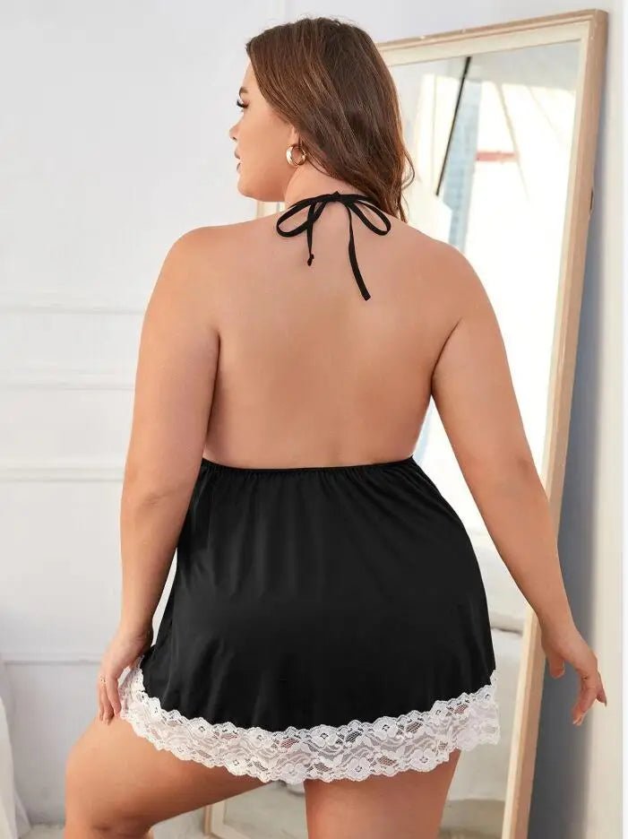 European American Plus Size Sexy Lace Backless Lingerie Halter Neck Nightdress - Zeprah