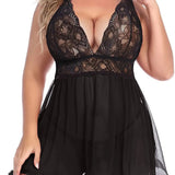 European American Plus Size Sexy Lace Patchwork Strap Nightdress Set Black Red Adult Women's Lingerie - Zeprah