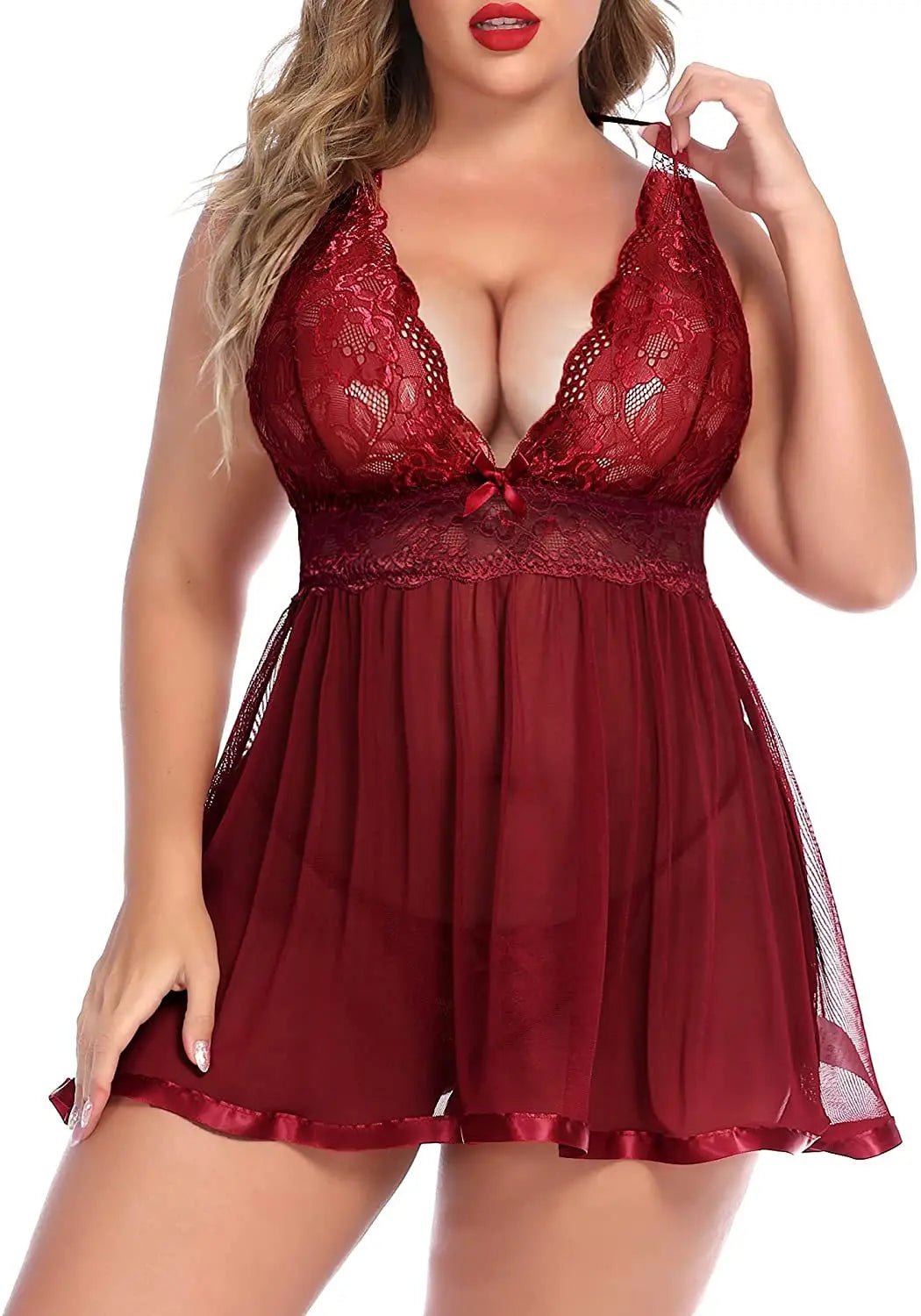 European American Plus Size Sexy Lace Patchwork Strap Nightdress Set Black Red Adult Women's Lingerie - Zeprah