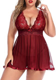European American Plus Size Sexy Lace Patchwork Strap Nightdress Set Black Red Adult Women's Lingerie - Zeprah