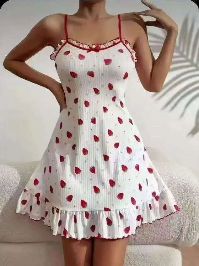 European American Sexy Casual Sling Nightgown for Pattern Strawberry Printing High - end Comfortable Polyester - Zeprah
