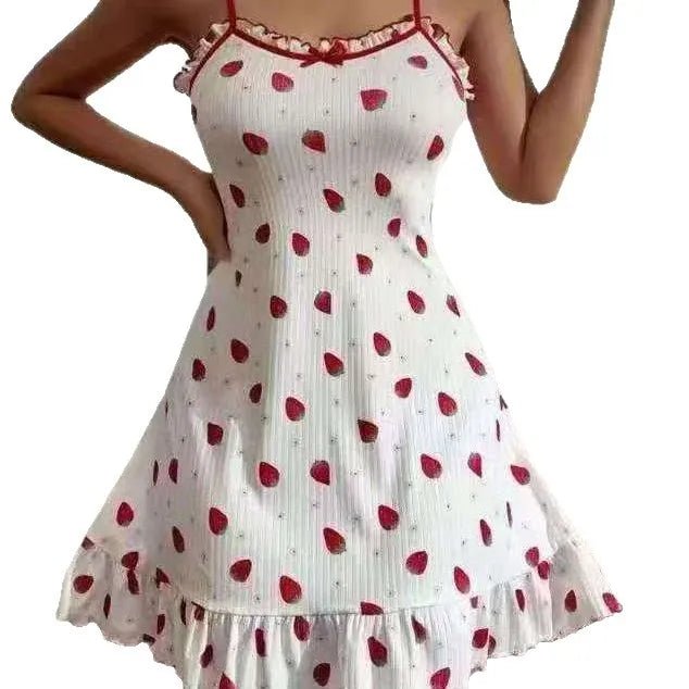European American Sexy Casual Sling Nightgown for Pattern Strawberry Printing High - end Comfortable Polyester - Zeprah