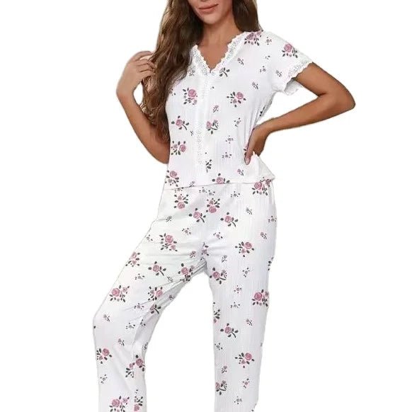 European American Sexy Floral Printed Breathable Elastic Waist Summer Homewear - Zeprah