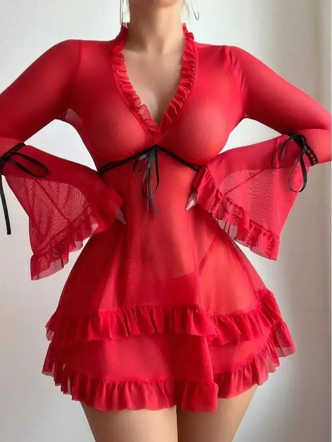 European American Sexy Lingerie Women Polyester Lace Mesh Bell Sleeves Ruffled V - Neck - Zeprah