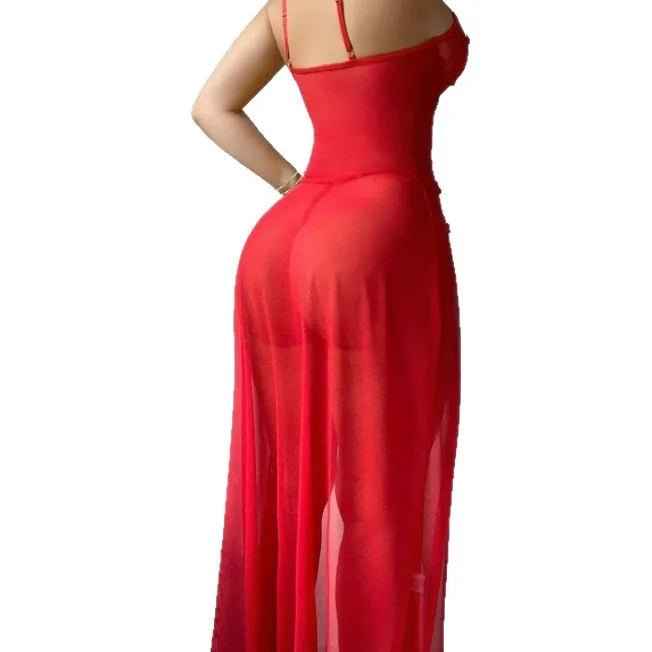 European American Sexy Red Floral Strap Mesh Long Dress Gown See - Through Lingerie Polyester Dobby - Zeprah