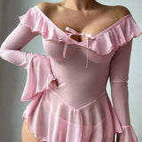 European American Sexy Ruffles See - through Polyester Gauze Dress Off - shoulder Underwear - Zeprah