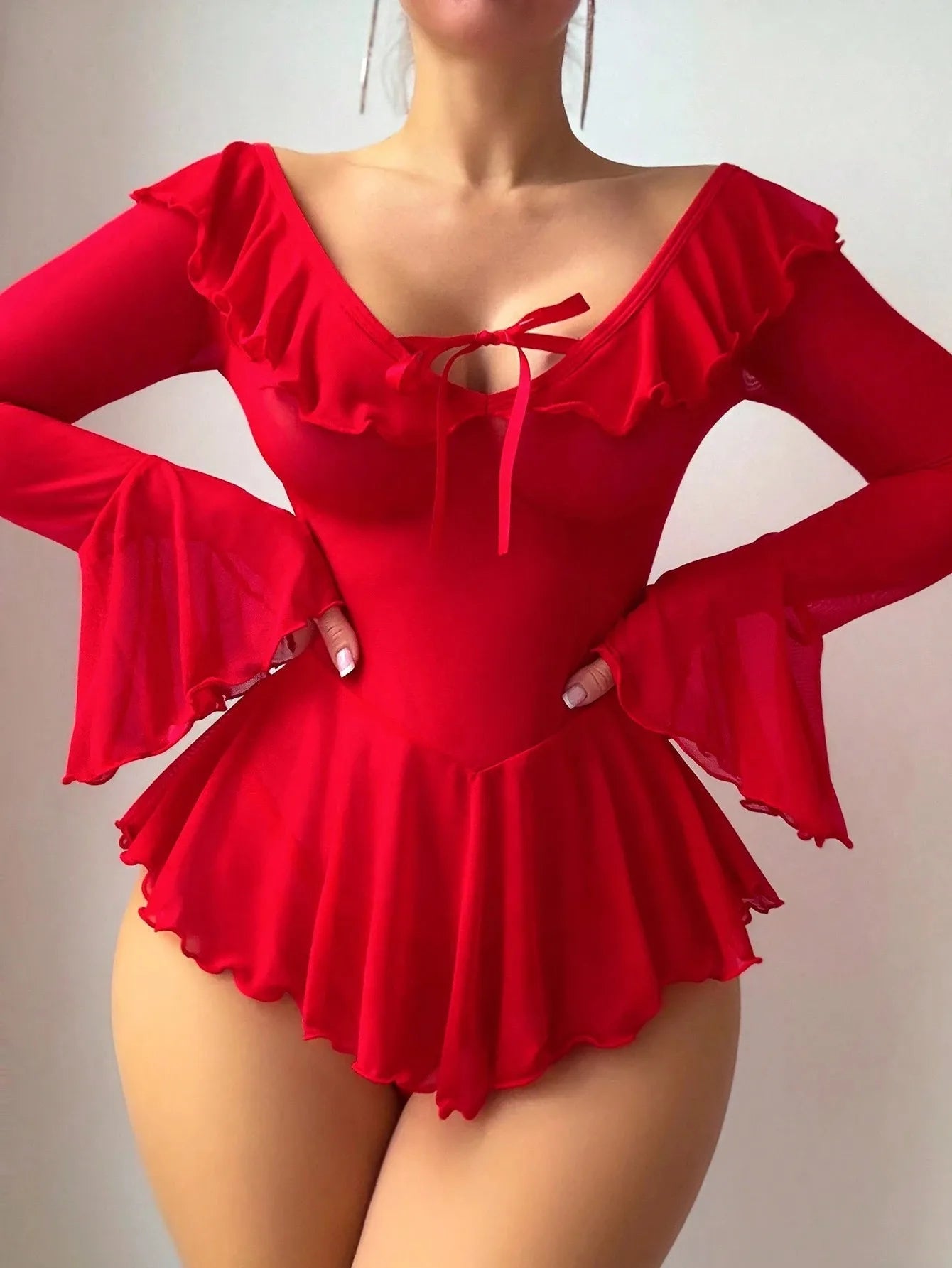 European American Sexy Ruffles See - through Polyester Gauze Dress Off - shoulder Underwear - Zeprah