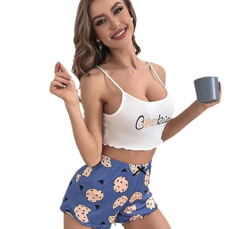 European American Sexy Women's Camisole Top Shorts Pajama Set Cartoon Print Breathable Two - Piece Loungewear - Zeprah