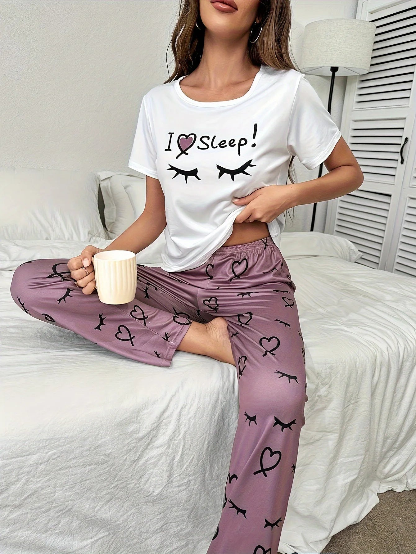 European American Soft Comfortable Casual Pullover Heart Eyelash Print Homewear Long Pants Set - Zeprah