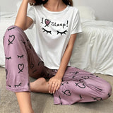 European American Soft Comfortable Casual Pullover Heart Eyelash Print Homewear Long Pants Set - Zeprah