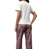 European American Soft Comfortable Casual Pullover Heart Eyelash Print Homewear Long Pants Set - Zeprah
