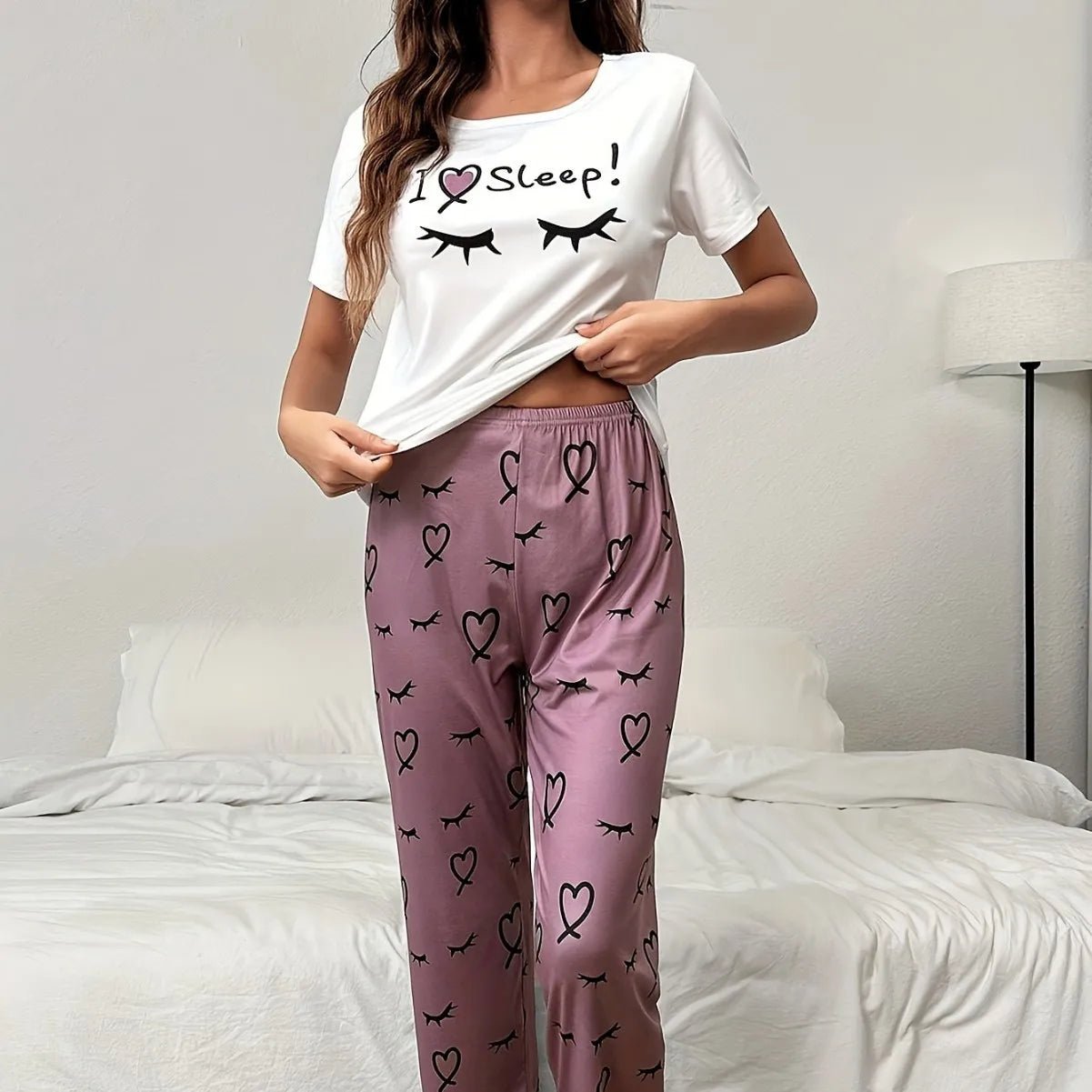 European American Soft Comfortable Casual Pullover Heart Eyelash Print Homewear Long Pants Set - Zeprah