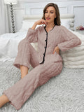 European American Striped Flannel Loungewear Pajama Set for Women Casual Long - Sleeve Long Pants Solid Color Breathable - Zeprah