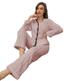 European American Striped Flannel Loungewear Pajama Set for Women Casual Long - Sleeve Long Pants Solid Color Breathable - Zeprah