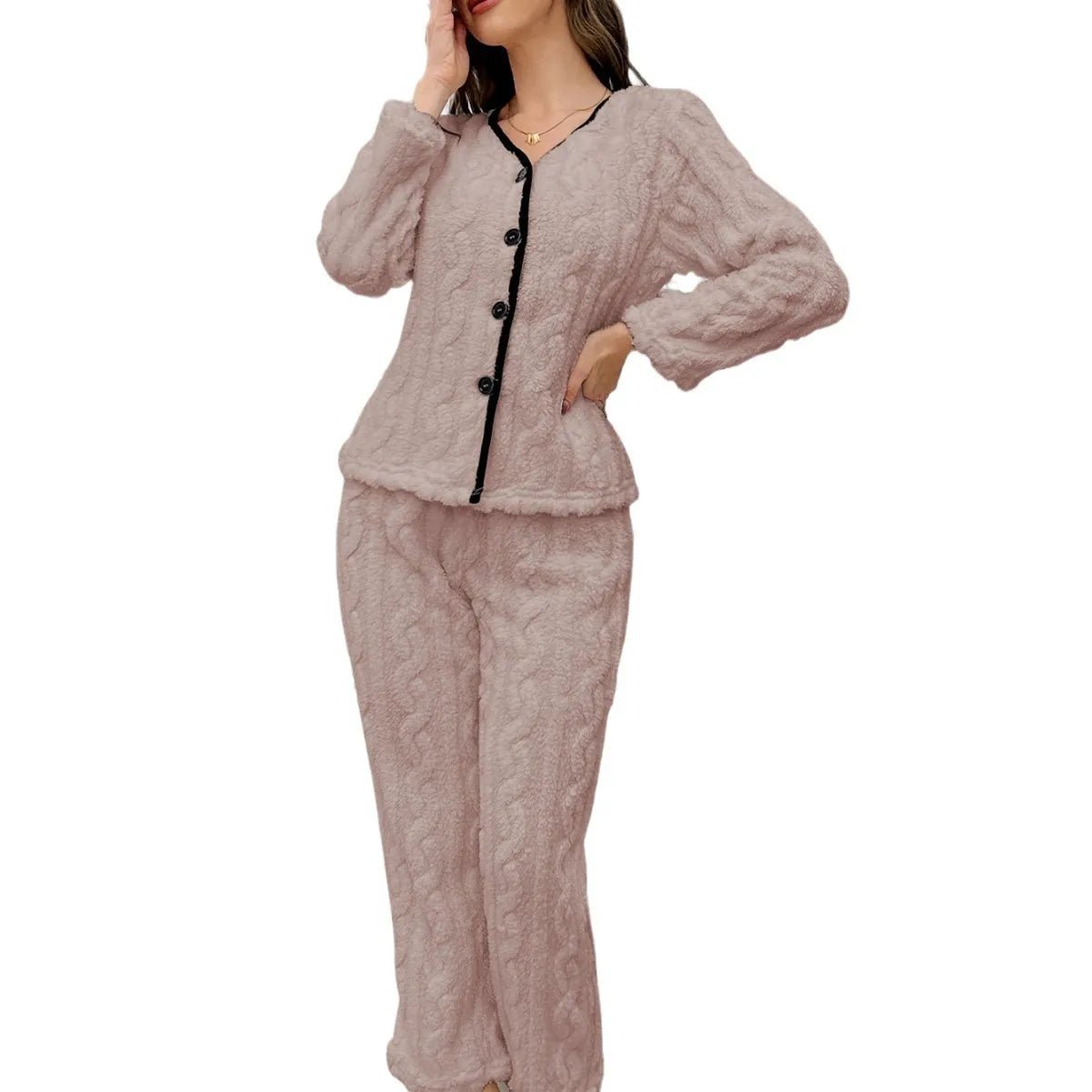 European American Striped Flannel Loungewear Pajama Set for Women Casual Long - Sleeve Long Pants Solid Color Breathable - Zeprah