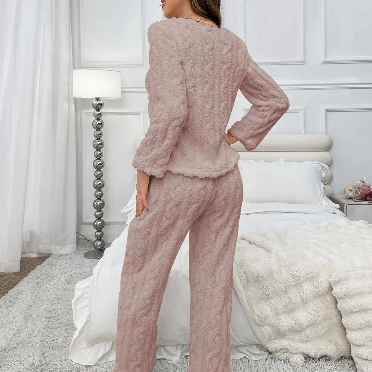 European American Striped Flannel Loungewear Pajama Set for Women Casual Long - Sleeve Long Pants Solid Color Breathable - Zeprah