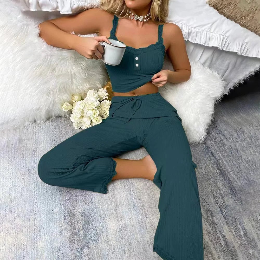 European American Style Casual Women's Sleepwear Summer Lace - Trimmed Camisole Long Pants Sexy Hot Girl Two - Piece - Zeprah