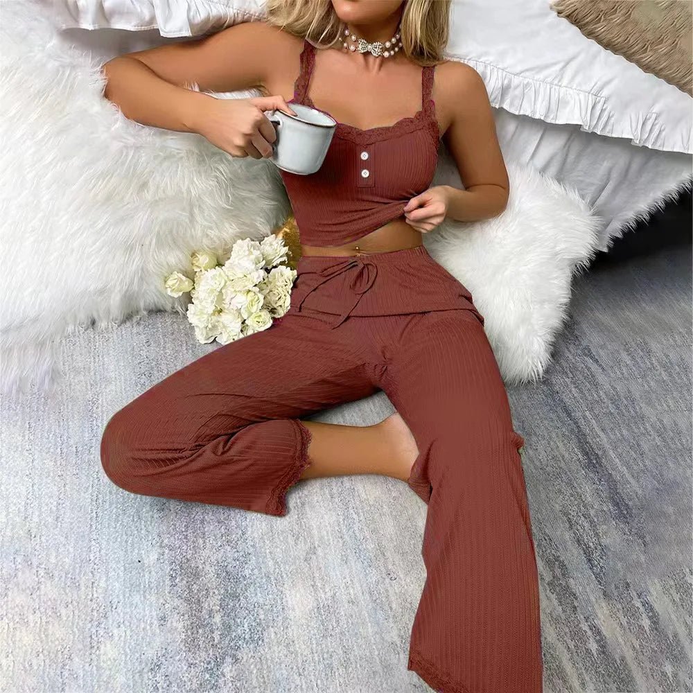 European American Style Casual Women's Sleepwear Summer Lace - Trimmed Camisole Long Pants Sexy Hot Girl Two - Piece - Zeprah