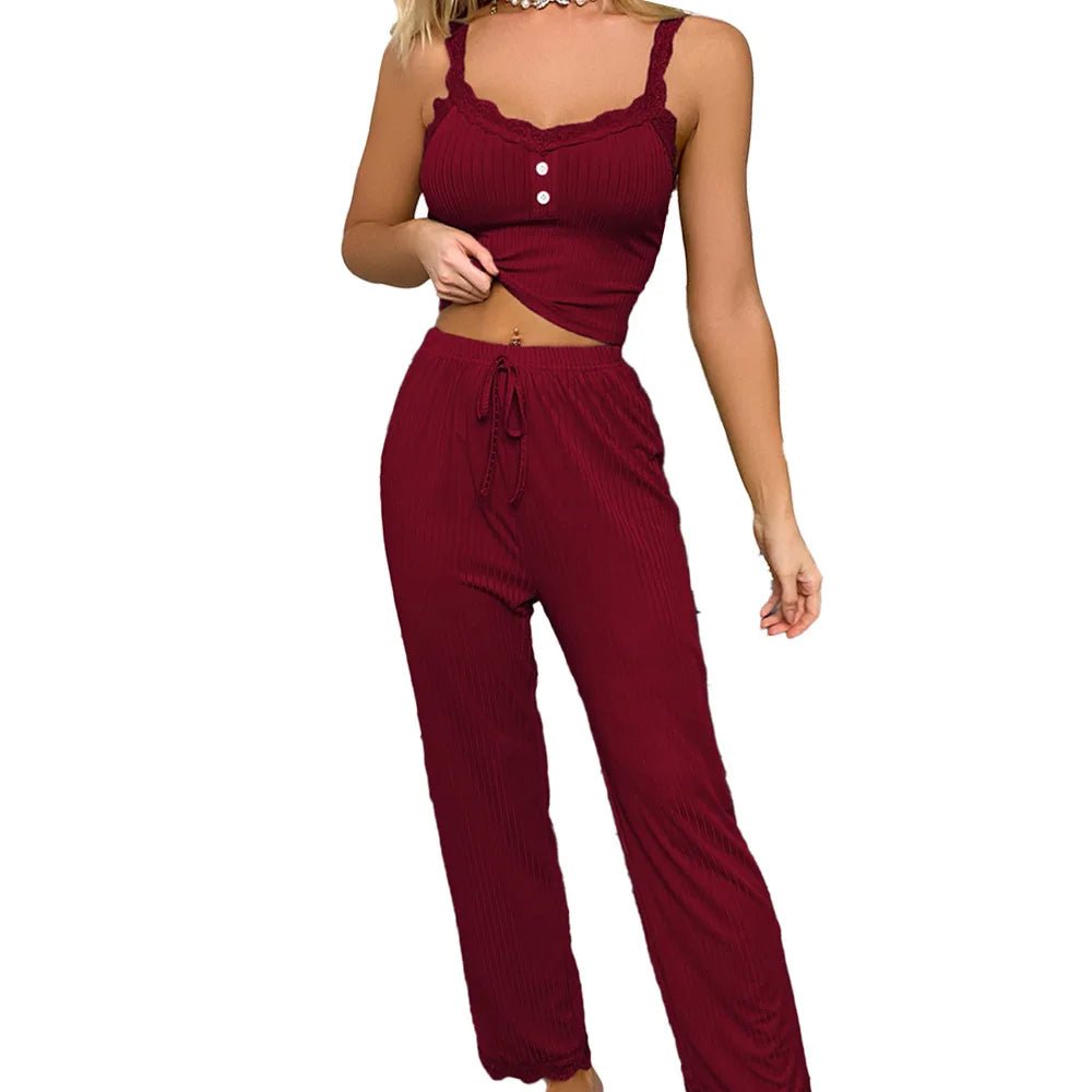 European American Style Casual Women's Sleepwear Summer Lace - Trimmed Camisole Long Pants Sexy Hot Girl Two - Piece - Zeprah