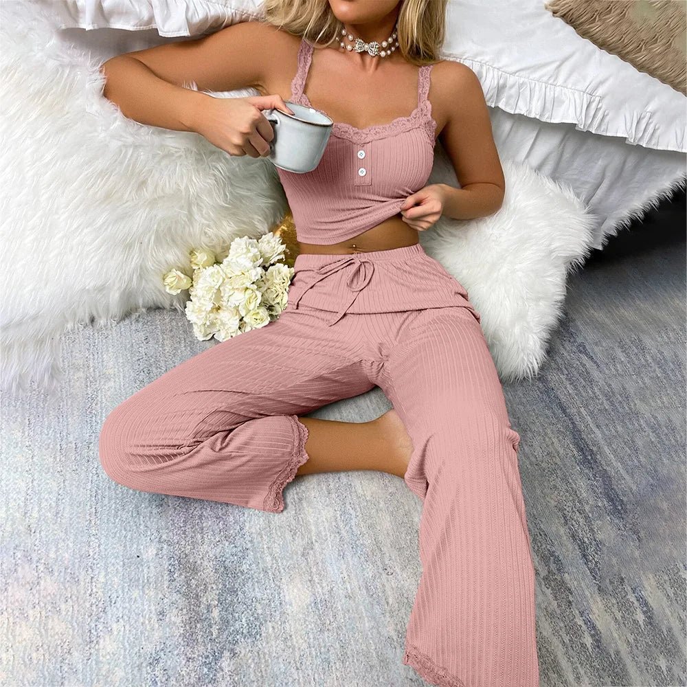European American Style Casual Women's Sleepwear Summer Lace - Trimmed Camisole Long Pants Sexy Hot Girl Two - Piece - Zeprah