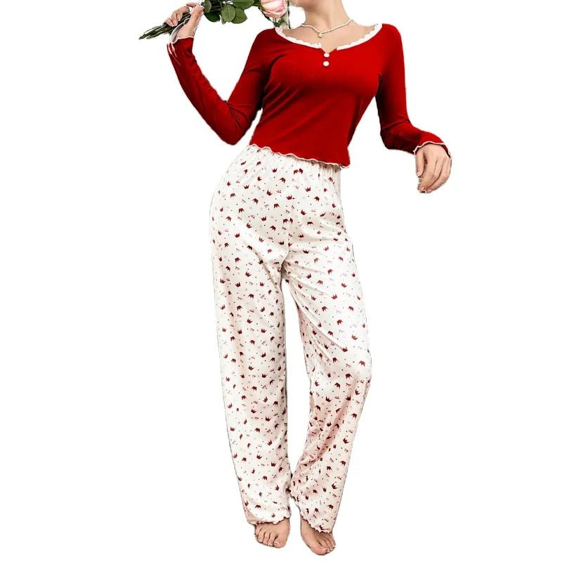 European American Style Letter Trim Neck Crown Long Sleeve Long Pants Women's Elastic Waist Solid Autumn Women's Pajamas - Zeprah