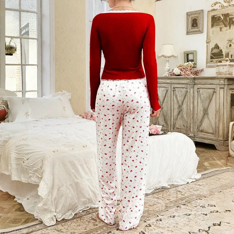 European American Style Letter Trim Neck Crown Long Sleeve Long Pants Women's Elastic Waist Solid Autumn Women's Pajamas - Zeprah