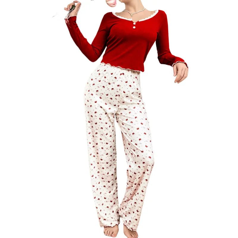 European American Style Letter Trim Neck Crown Long Sleeve Long Pants Women's Elastic Waist Solid Autumn Women's Pajamas - Zeprah