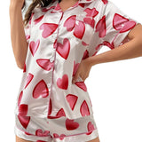 European American Style New Pink Printed Heart Ice Satin Pajamas Set Women's Home Wear Sweet Cute Elastic Waist - Zeprah