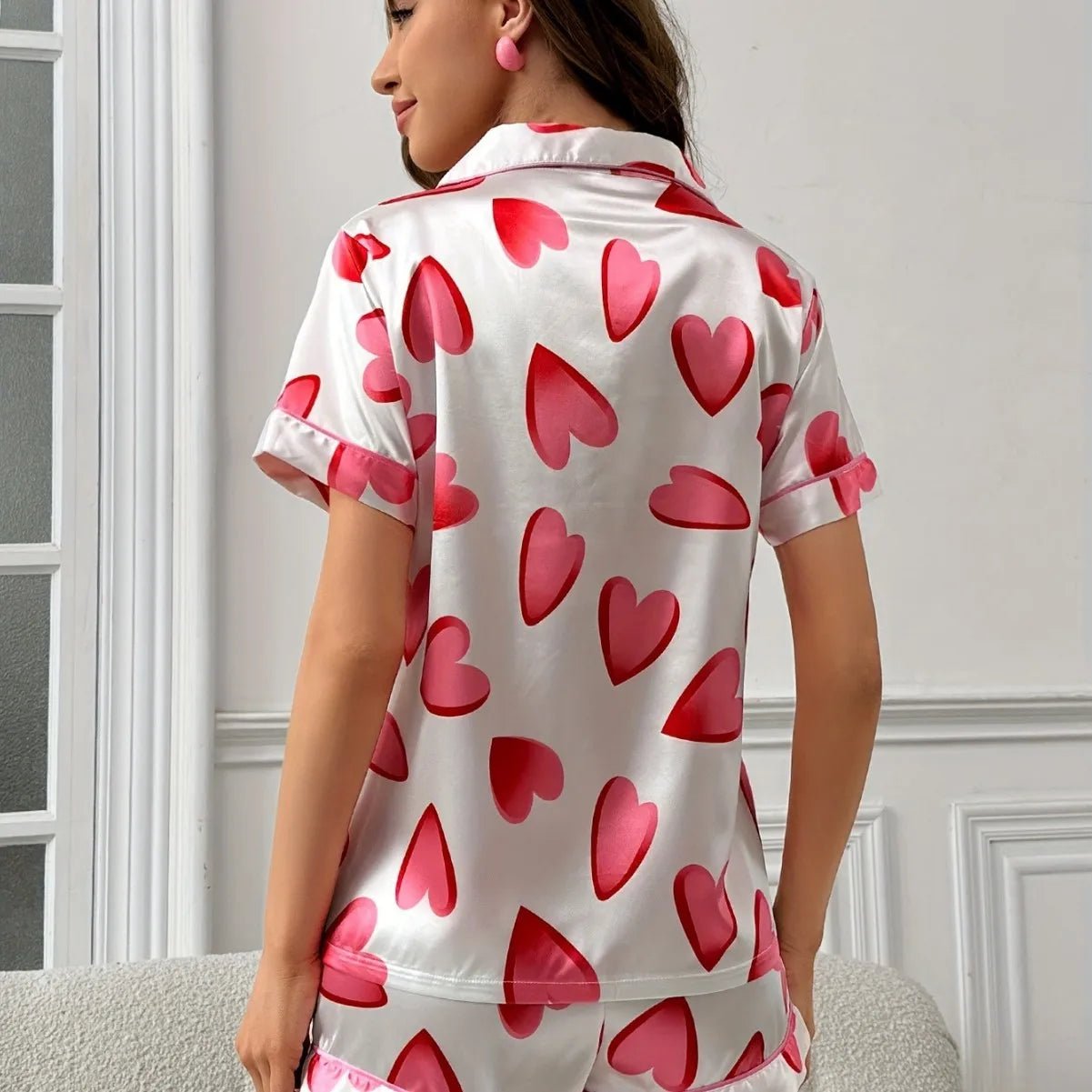 European American Style New Pink Printed Heart Ice Satin Pajamas Set Women's Home Wear Sweet Cute Elastic Waist - Zeprah