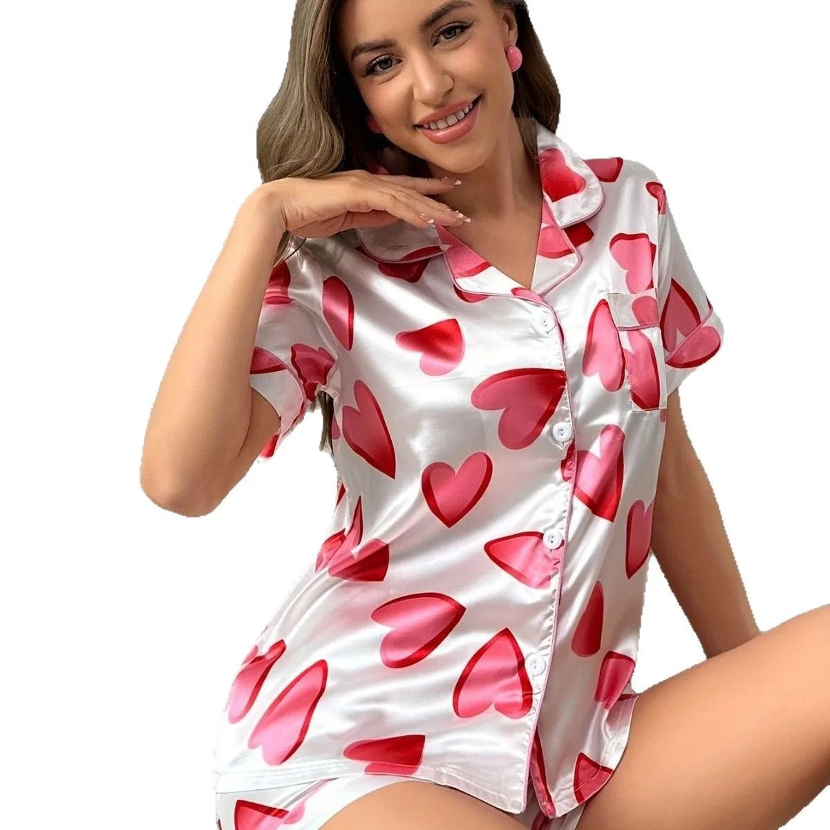European American Style New Pink Printed Heart Ice Satin Pajamas Set Women's Home Wear Sweet Cute Elastic Waist - Zeprah
